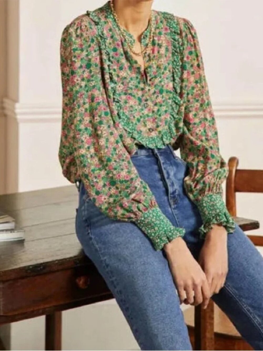 Boden Frilly Printed Popover Blouse Womens 2 Pink Green Floral Ruffle